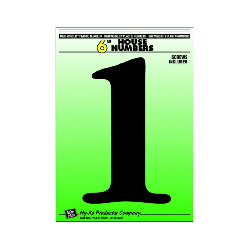 Hy-Ko 30201 Plastic House Number 1 Sign with Screws, 6", Black