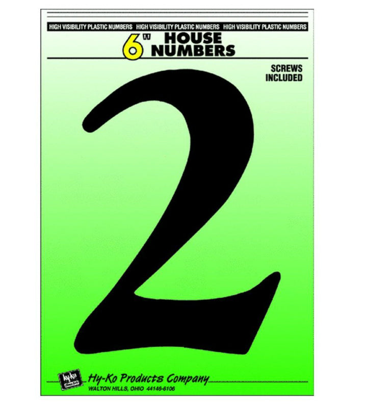 Hy-Ko 30202 Plastic House Number 2 Sign with Screws, 6", Black