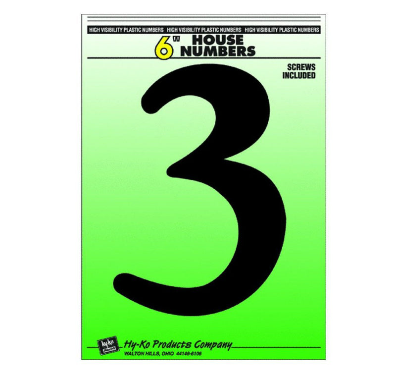 Hy-Ko 30203 Plastic House Number 3 Sign with Screws, 6", Black