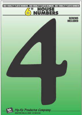 Hy-Ko 30204 Plastic House Number 4 Sign with Screws, 6", Black