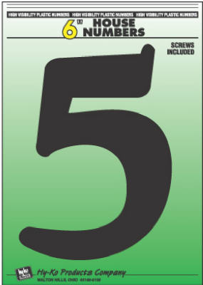 Hy-Ko 30205 Plastic House Number 5 Sign with Screws, 6", Black