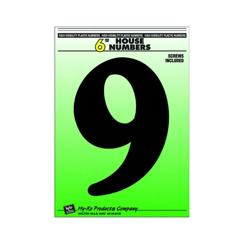 Hy-Ko 30209 Plastic House Number 9 Sign with Screws, 6", Black