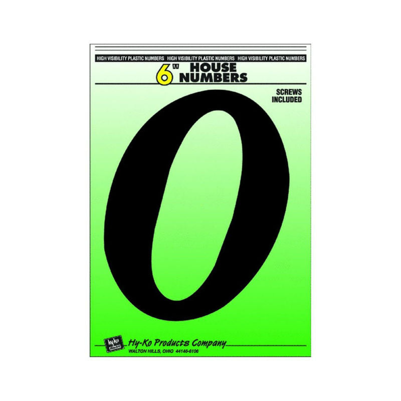Hy-Ko 30210 Plastic House Number 0 Sign with Screws, 6", Black