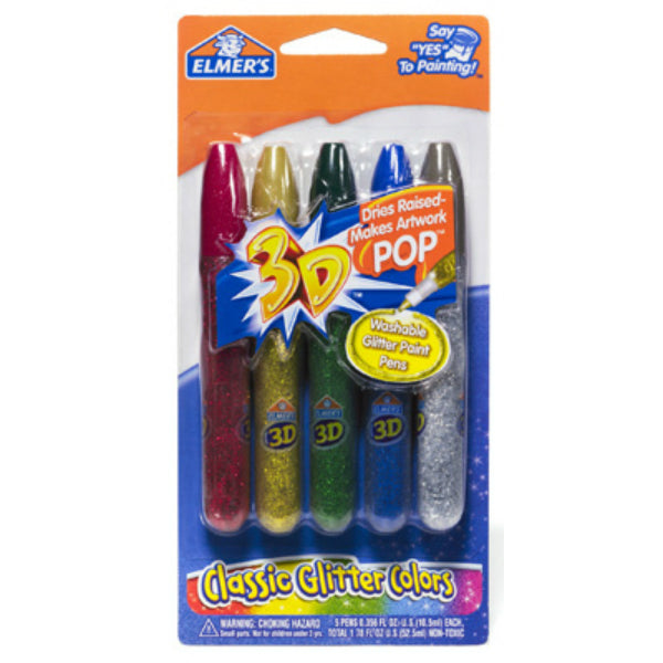 Elmer's E642 3D Glitters Paint Pens, Assorted Colors, Washable, 5-Pack