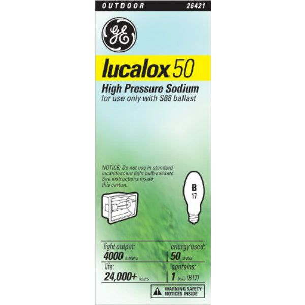 GE 26421 Lucalox® High Pressure Sodium B17 HID Bulb, Clear, 50W, 4000 Lumens