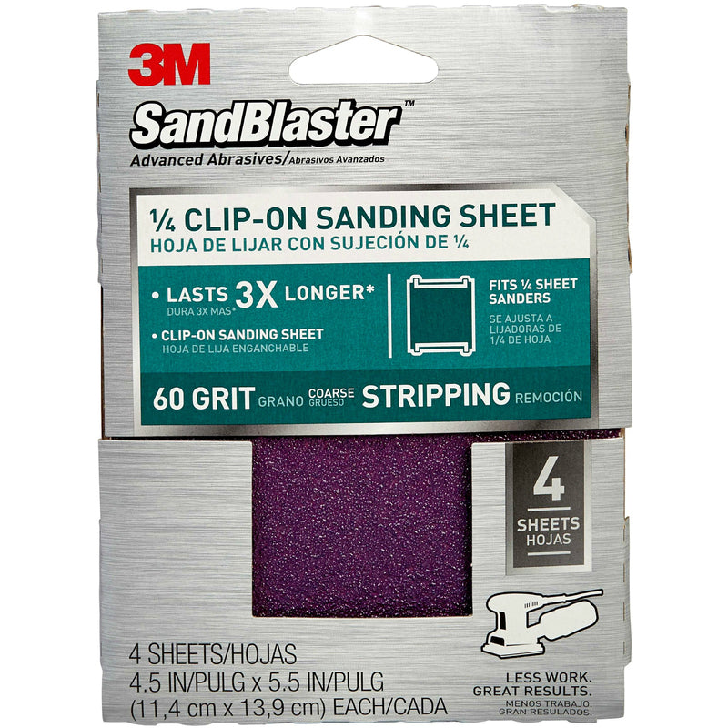 3M 9660 SandBlaster Clip On Palm Sanding Sheet, 4-1/2" x5-1/2", 60 Grit, 4-Pack
