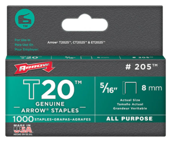 Arrow Fastener 205 T-20 Staple for T-2025 Multipurpose Tacker, 5/16"