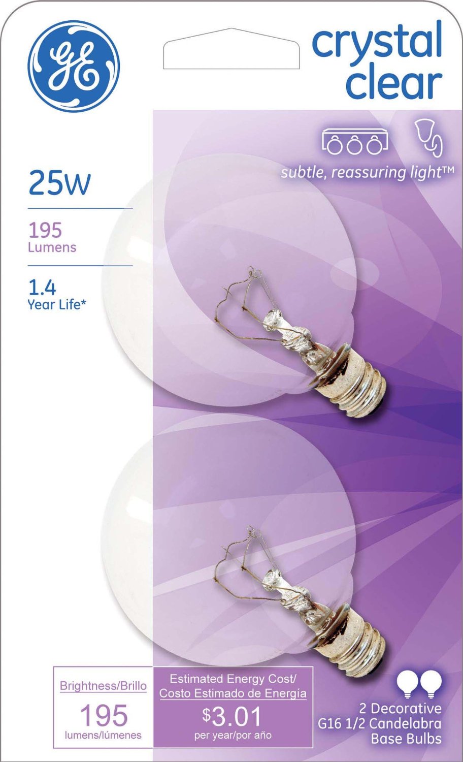 GE Lighting 17722 Candelabra Base G16.5  Globe Bulb, 25W, Crystal Clear, 2-Pack