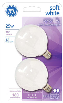 GE Lighting 44412 Candelabra Base G16.5 Globe Light Bulb, Soft White, 25W, 2-Pack