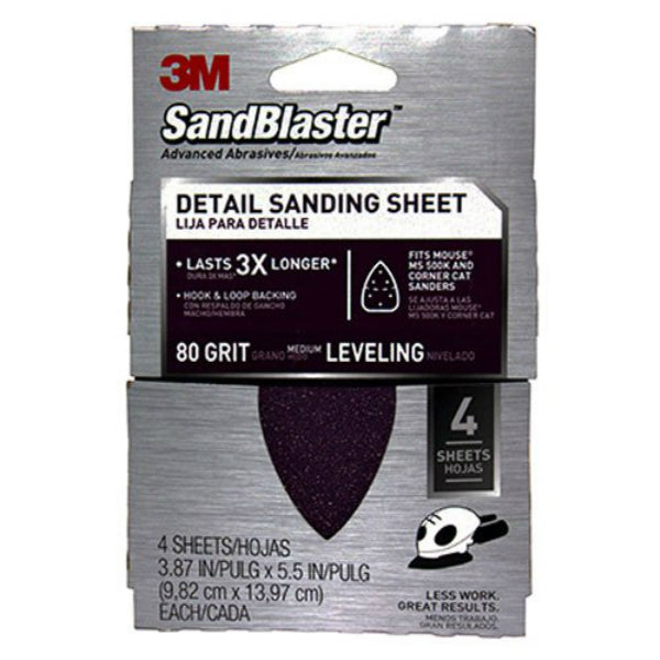 3M 9671 SandBlaster Power Sanding Hook & Loop Sheets, 3.75"x5.25", 80 Grit, 4-Pk