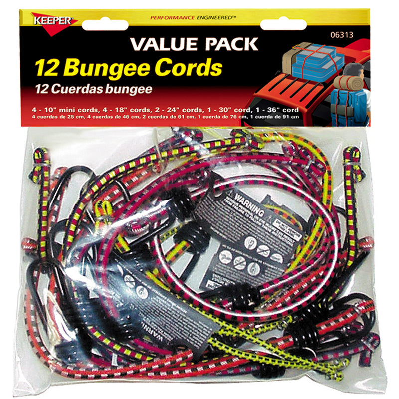 Keeper® 06313 Vinyl Coated Bungee Cord Value Pack, Assorted Sizes, 12-Pieces