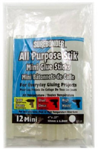 Surebonder® DT-12 All Purpose Mini Glue Stick, Clear, 0.28" X 4", 12-Pack