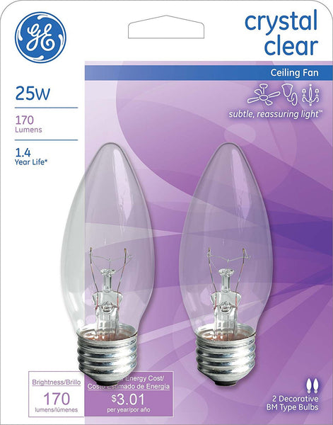 GE 22756 Decorative Blunt Tip B13 Ceiling Fan Bulb, Crystal Clear, 25W, 2-Pack