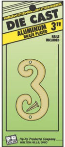Hy-Ko DCG-3/3 Die Cast Aluminum Number 3 Sign with Nails, 3", Brass Plated