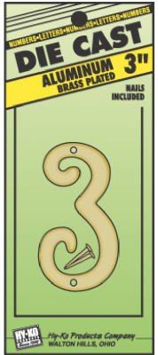 Hy-Ko DCG-3/3 Die Cast Aluminum Number 3 Sign with Nails, 3", Brass Plated
