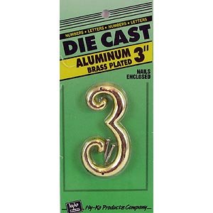 Hy-Ko DCG-3/3 Die Cast Aluminum Number 3 Sign with Nails, 3", Brass Plated