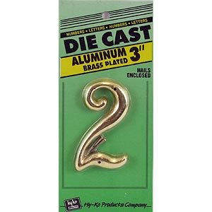 Hy-Ko DCG-3/2 Die-Cast Aluminum Number 2 Sign with Nails, 3", Brass Plated