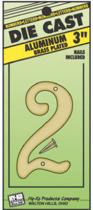 Hy-Ko DCG-3/2 Die-Cast Aluminum Number 2 Sign with Nails, 3", Brass Plated
