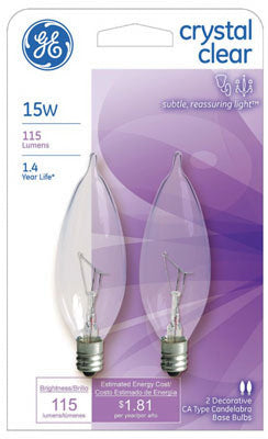 GE Lighting 48396 Bent Tip CA8 Candelabra Base Bulb, Crystal Clear, 15W, 2-Pack