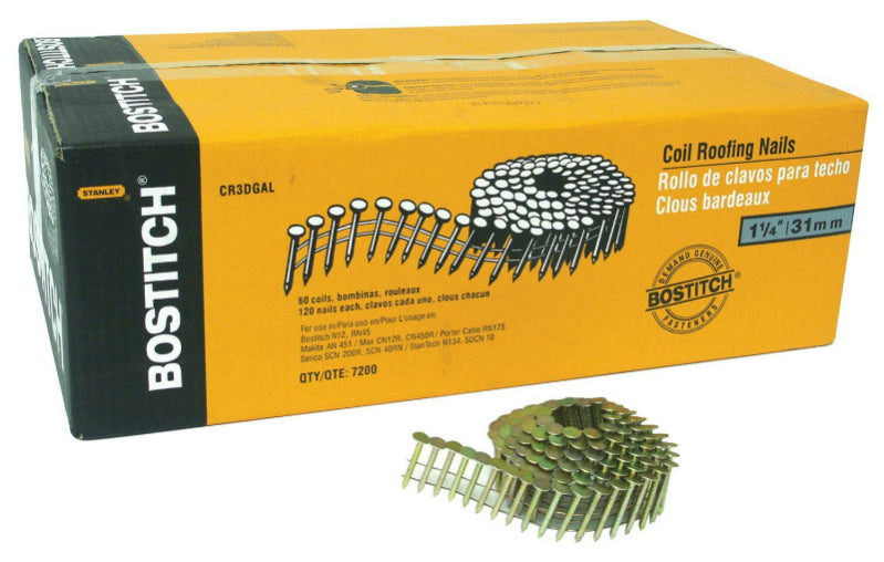 Bostitch CR3DGAL Galvanized Coil Roofing Nails, 1-1/4", 7200-Pack