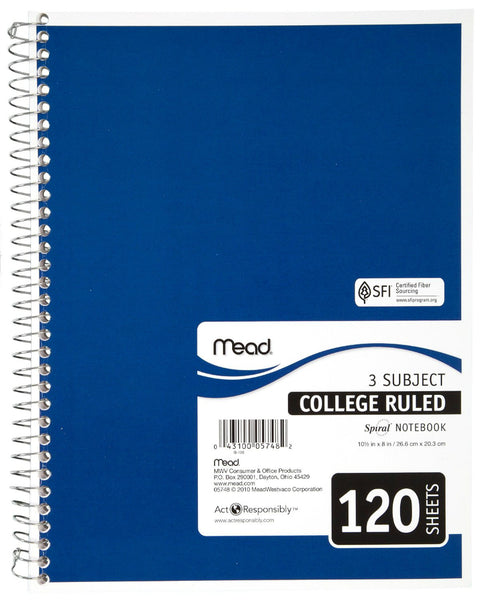 Mead® 05748 College Ruled Spiral® Notebook, White Paper, 10.5" x 7-1/2", 120-Ct