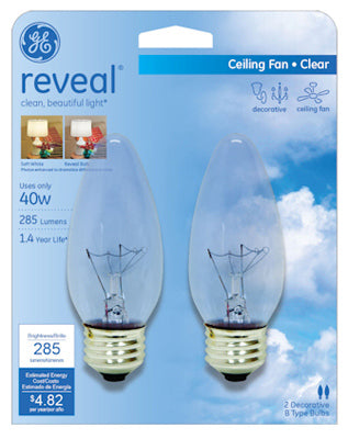 GE 48699 Reveal® Blunt Tip Decorative Ceiling Fan Bulb, Clear, 40W, 2-Count