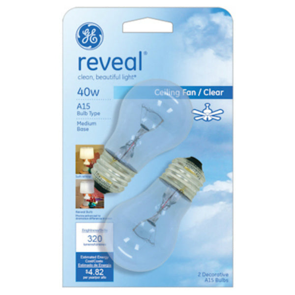 GE Lighting 48696 Reveal® Incandescent A15 Ceiling Fan Bulb, Clear, 40W, 2-Pack