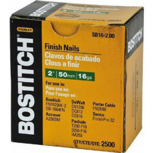 Bostitch® SB16-2.00 Flat Angle Finish Nails, 16 Gauge, 2", 2500-Pack