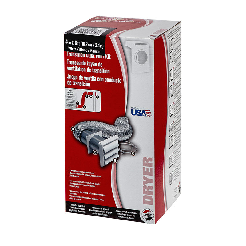 Lambro 1377W Louvered Hood Vent Kit w/ UL 2158A Transition Duct, White, 4" x 5'