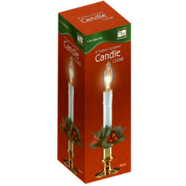 Holiday Wonderland 1518-88 Christmas B/O Candle w/Wreath, Gold Base/Clear Bulb