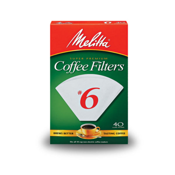 Melitta® 626402 Cone Coffee Filters, White, #6, 40-Count