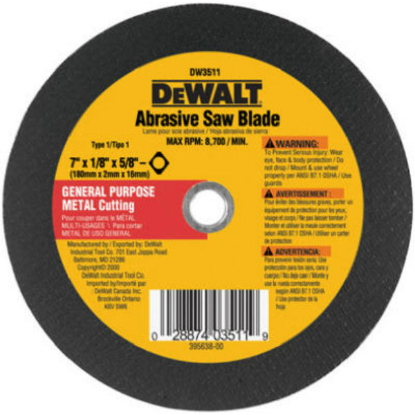 DeWalt® DW3511 Metal Cutting Abrasive Saw Blade, 5/8" Arbor,  7"
