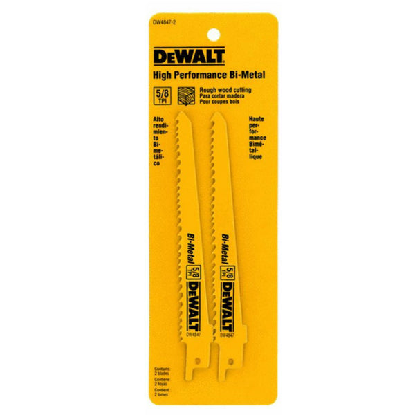 DeWalt® DW4847-2 Taper Back Bi-Metal Reciprocating Saw Blades, 5/8 TPI, 6", 2-Pk