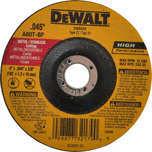 DeWalt® DW8420 High Performance™ Type 27 Metal Cutting Wheel, 4" x 0.045" x 5/8"