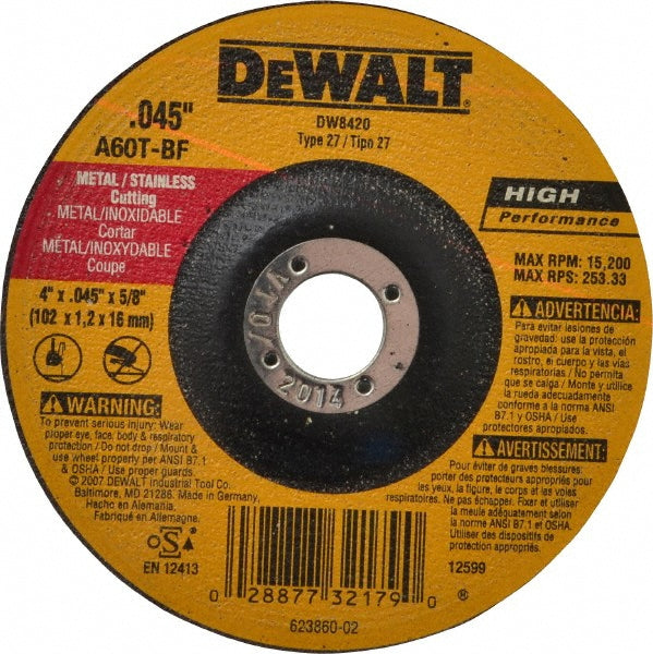 DeWalt® DW8420 High Performance™ Type 27 Metal Cutting Wheel, 4" x 0.045" x 5/8"