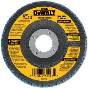 DeWalt® DW8306 High Performance™ Zirconia Flap Disc, 36 Grit, 4-1/2" x 7/8"