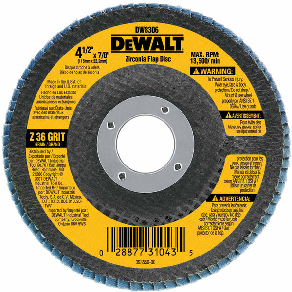 DeWalt® DW8306 High Performance™ Zirconia Flap Disc, 36 Grit, 4-1/2" x 7/8"