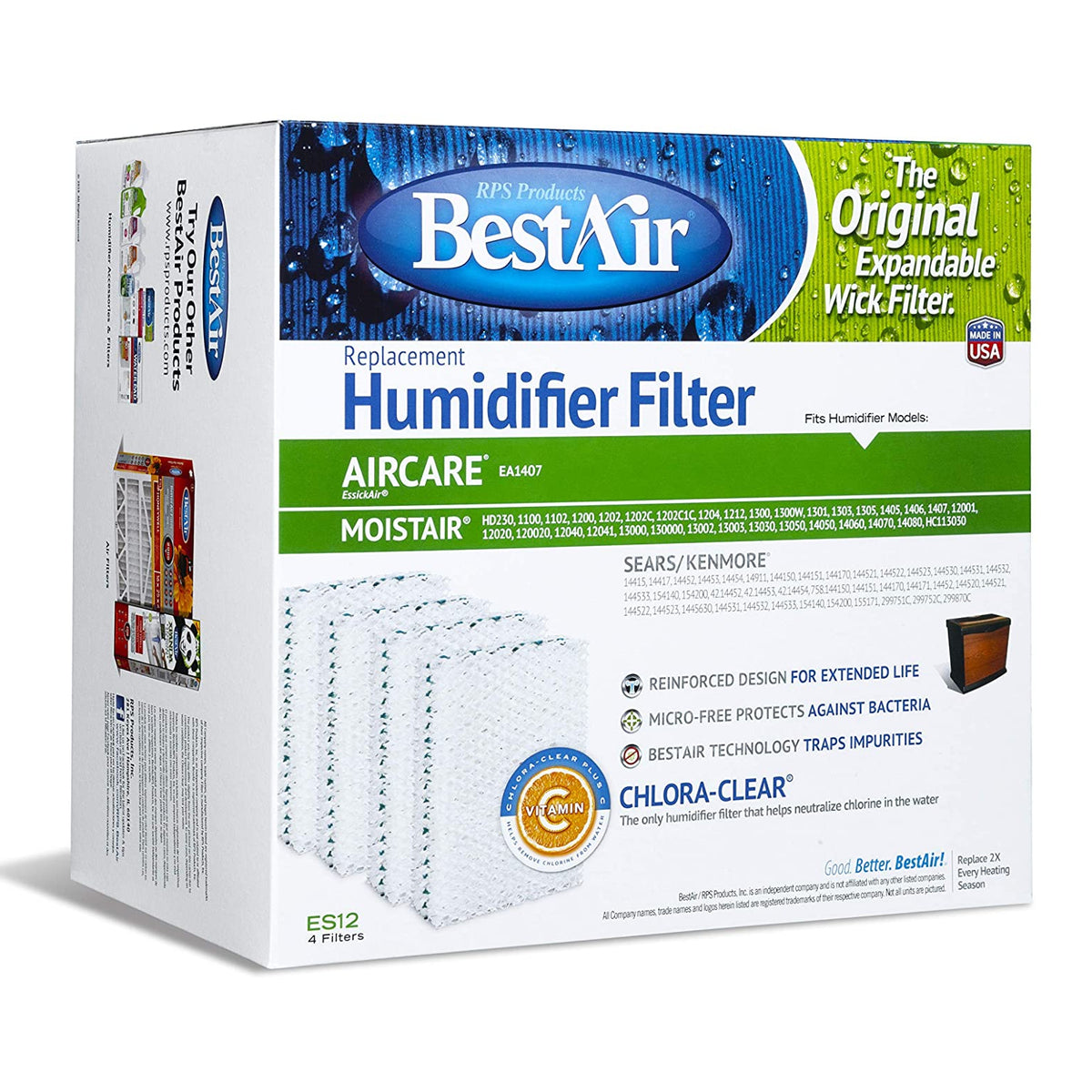 BestAir ES12-2 Extended Life Humidifier Wick Filter, 4-Pack