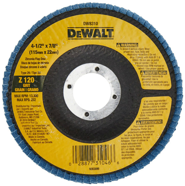 DeWalt® DW8310 High Performance™ Zirconia Flap Disc, 120 Grit, 4-1/2" x 7/8"
