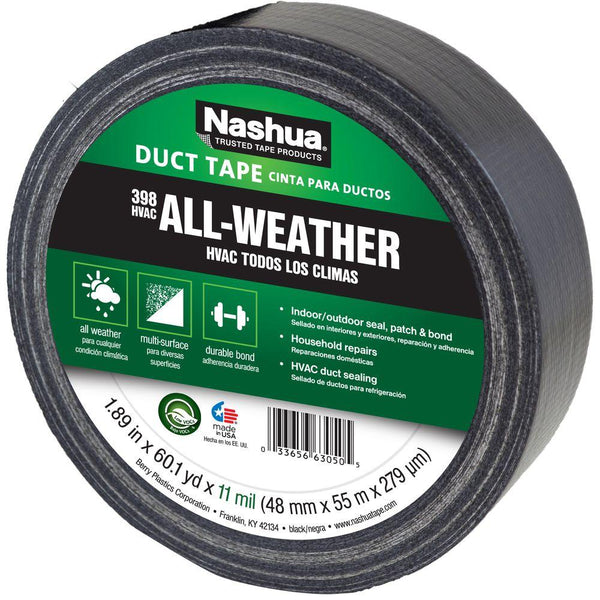 Nashua® 1207791 All-Weather HVAC Duct Tape, Black, 11 Mil, 1.89" x 60 Yd, #398