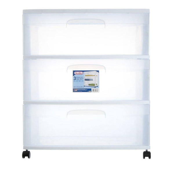 Sterilite 29308001 Storage 3-Drawer Wide Cart, Clear with White Frame
