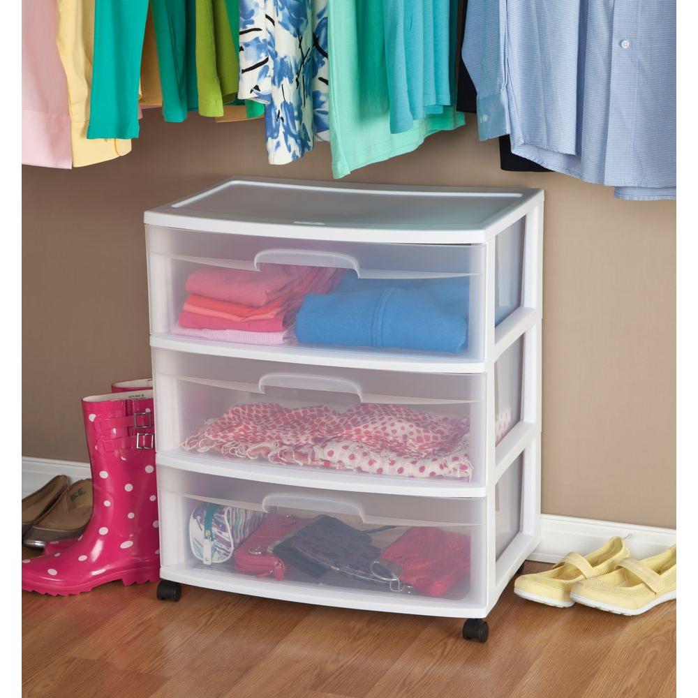 Sterilite 29308001 Storage 3-Drawer Wide Cart, Clear with White Frame