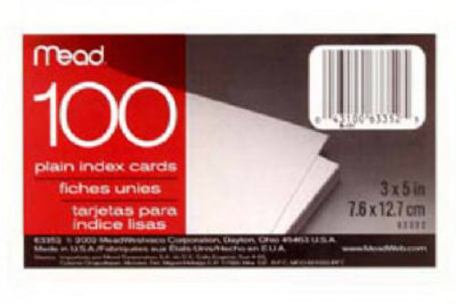 Mead® 63352 Plain Index Cards, 3" x 5", 100-Count
