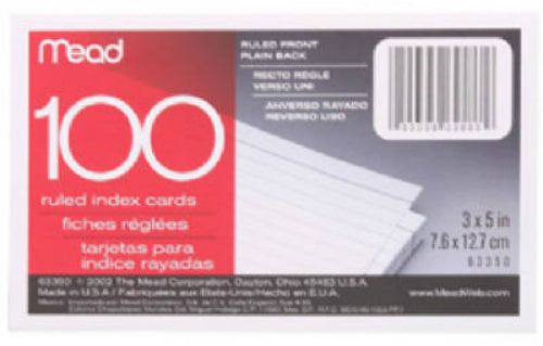 Mead® 63350 Ruled Index Cards, 3" x 5", 100-Count