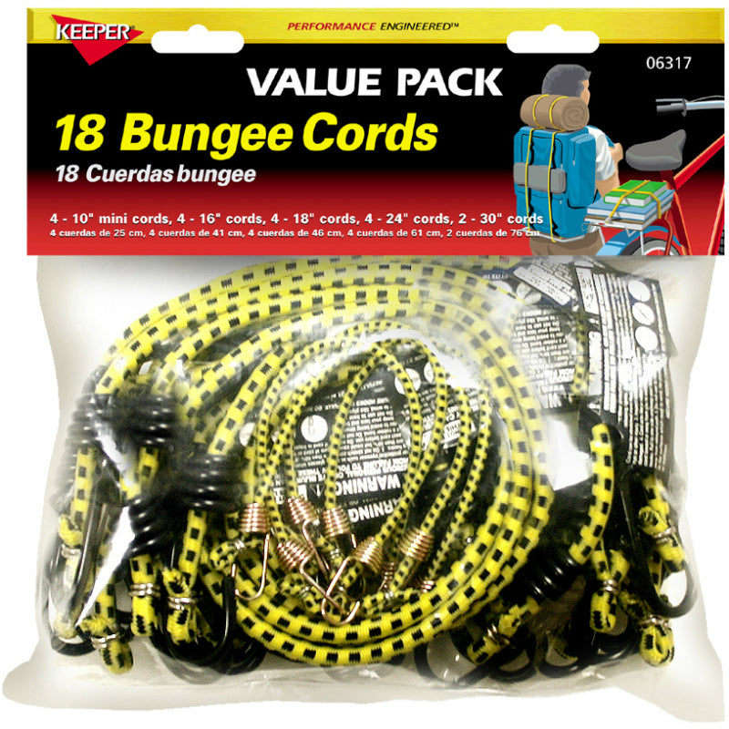 Keeper® 06317 Vinyl Coated Bungee Cord Value Pack, Assorted Sizes, 18-Pieces
