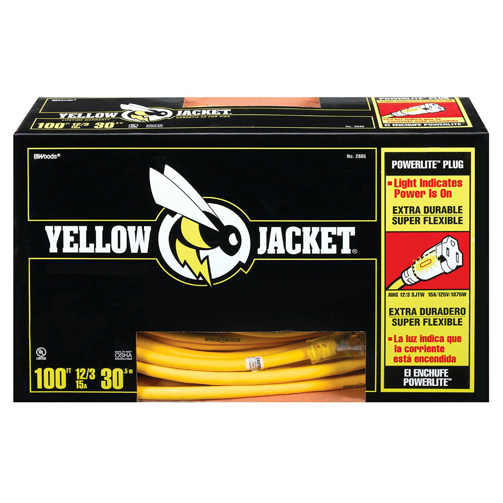 Yellow Jacket 2885 Extension Cord w/Power Light Indicator Plug, 15A, 12 Ga, 100'