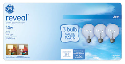 GE Lighting 11658 Reveal® G25 Globe Incandescent Bulb, 40W, Clear, 3-Pack