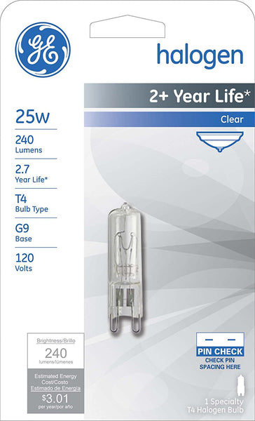 GE Lighting 16754 Single-Ended G9 Base T4 Quartz Halogen Bulb, Clear, 25W
