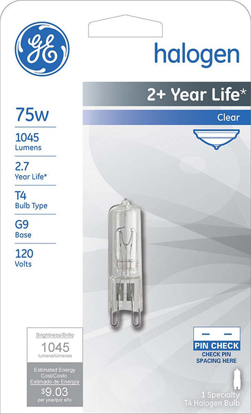 GE Lighting 16759 Single-Ended G9 Base T4 Quartz Halogen Bulb, 75W, 120V