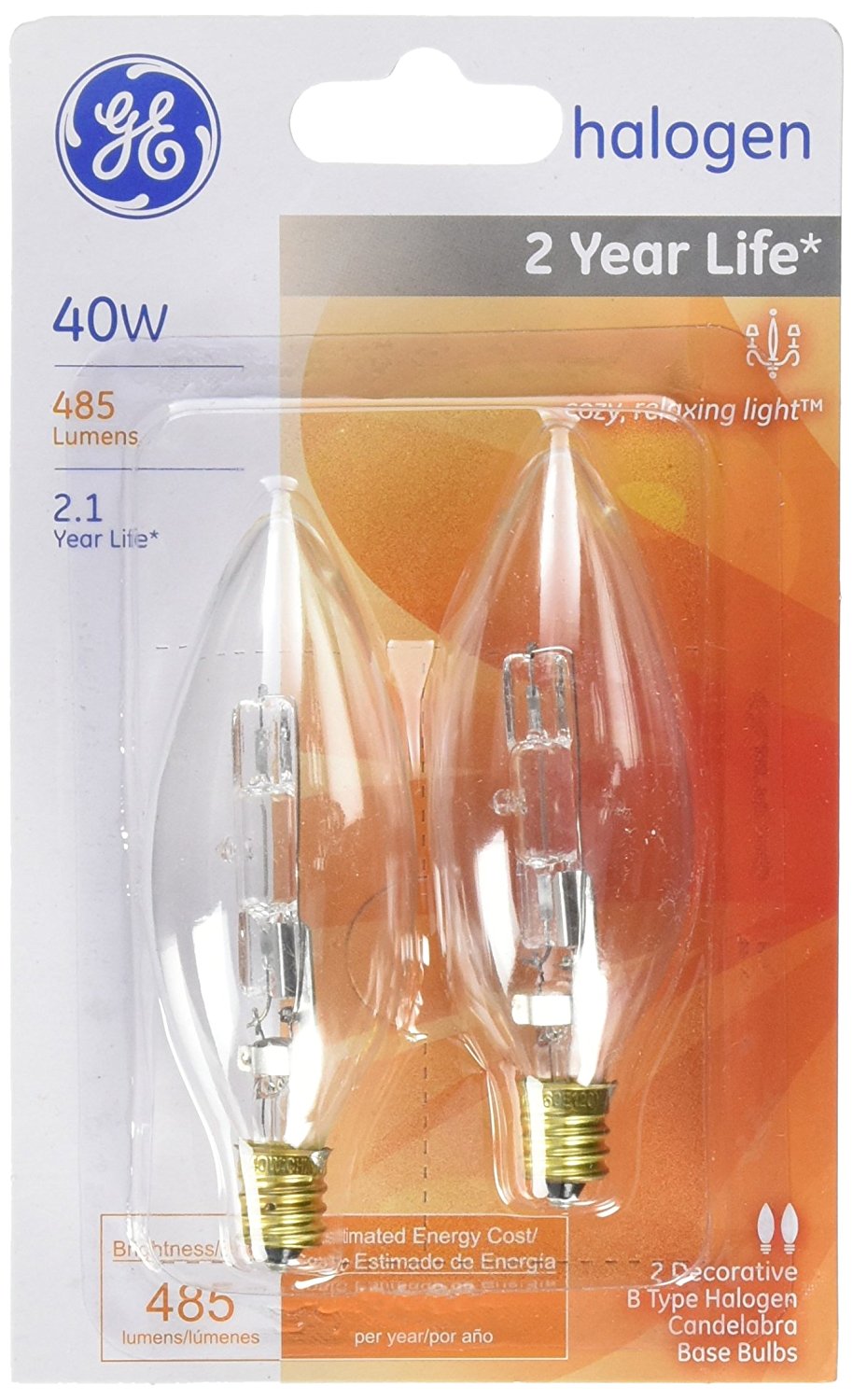 GE Lighting 16765 Candelabra Base B10 Blunt Tip Halogen Bulb, 40W, 2-Pack